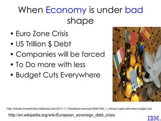 When Economy is under bad
shape
• Euro Zone Crisis
• US Trillion $ Debt
• Companies will be forced
• To Do more with less
• Budget Cuts Everywhere
http://en.wikipedia.org/wiki/European_sovereign_debt_crisis
http://articles.timesofindia.indiatimes.com/2011-11-15/software-services/30401052_1_infosys-rupee-estimates-budget-cuts
 