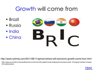 Growth will come from
• Brazil
• Russia
• India
• China
http://www.nytimes.com/2011/08/11/opinion/where-will-economic-growth-come-from.html
http://www.ey.com/GL/en/Issues/Business-environment/Six-global-trends-shaping-the-business-world---Emerging-markets-increase-
their-global-power
 
