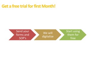 GetafreetrialforfirstMonth!
Send your
forms and
SOP’s
We will
digitalize
Start using
them for
free
 