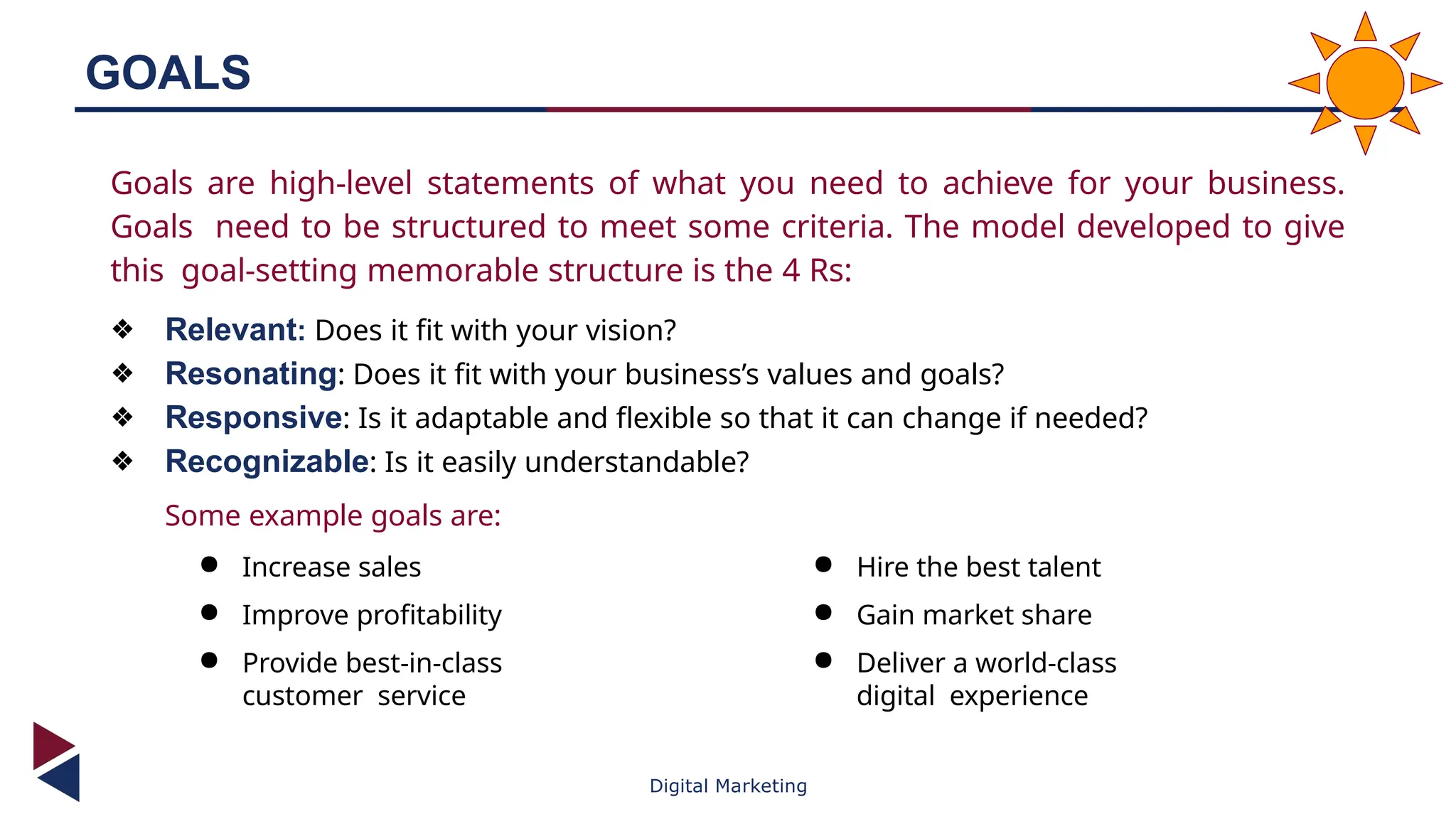 Digital Marketing
GOALS
Goals are high-level statements of what you need to achieve for your business.
Goals need to be structured to meet some criteria. The model developed to give
this goal-setting memorable structure is the 4 Rs:
❖ Relevant: Does it fit with your vision?
❖ Resonating: Does it fit with your business’s values and goals?
❖ Responsive: Is it adaptable and flexible so that it can change if needed?
❖ Recognizable: Is it easily understandable?
Some example goals are:
● Increase sales
● Improve profitability
● Provide best-in-class
customer service
● Hire the best talent
● Gain market share
● Deliver a world-class
digital experience
 
