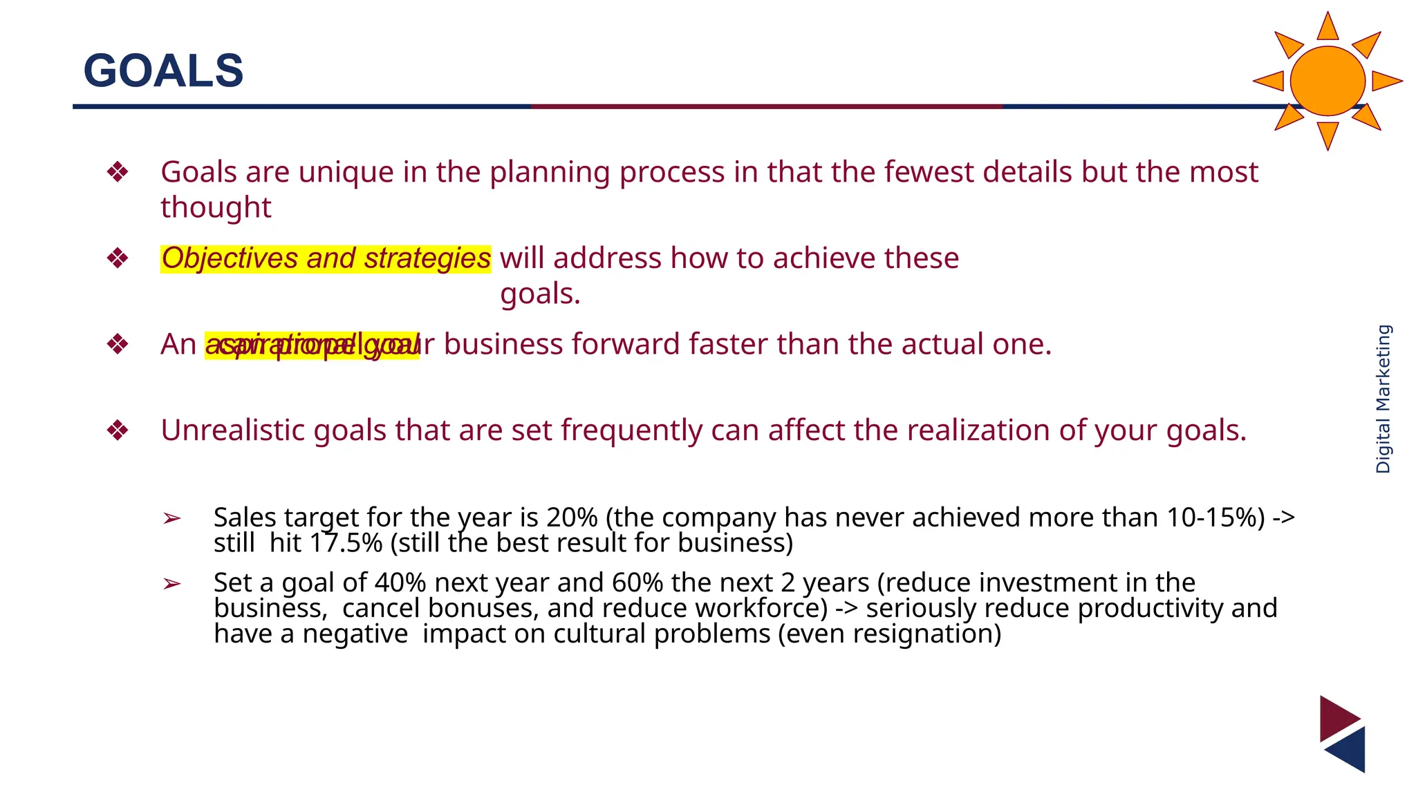 Digital
Marketing
❖ Goals are unique in the planning process in that the fewest details but the most
thought
Objectives and strategies
❖ will address how to achieve these
goals.
aspirational goal
❖ An can propel your business forward faster than the actual one.
❖ Unrealistic goals that are set frequently can affect the realization of your goals.
➢ Sales target for the year is 20% (the company has never achieved more than 10-15%) ->
still hit 17.5% (still the best result for business)
➢ Set a goal of 40% next year and 60% the next 2 years (reduce investment in the
business, cancel bonuses, and reduce workforce) -> seriously reduce productivity and
have a negative impact on cultural problems (even resignation)
GOALS
 