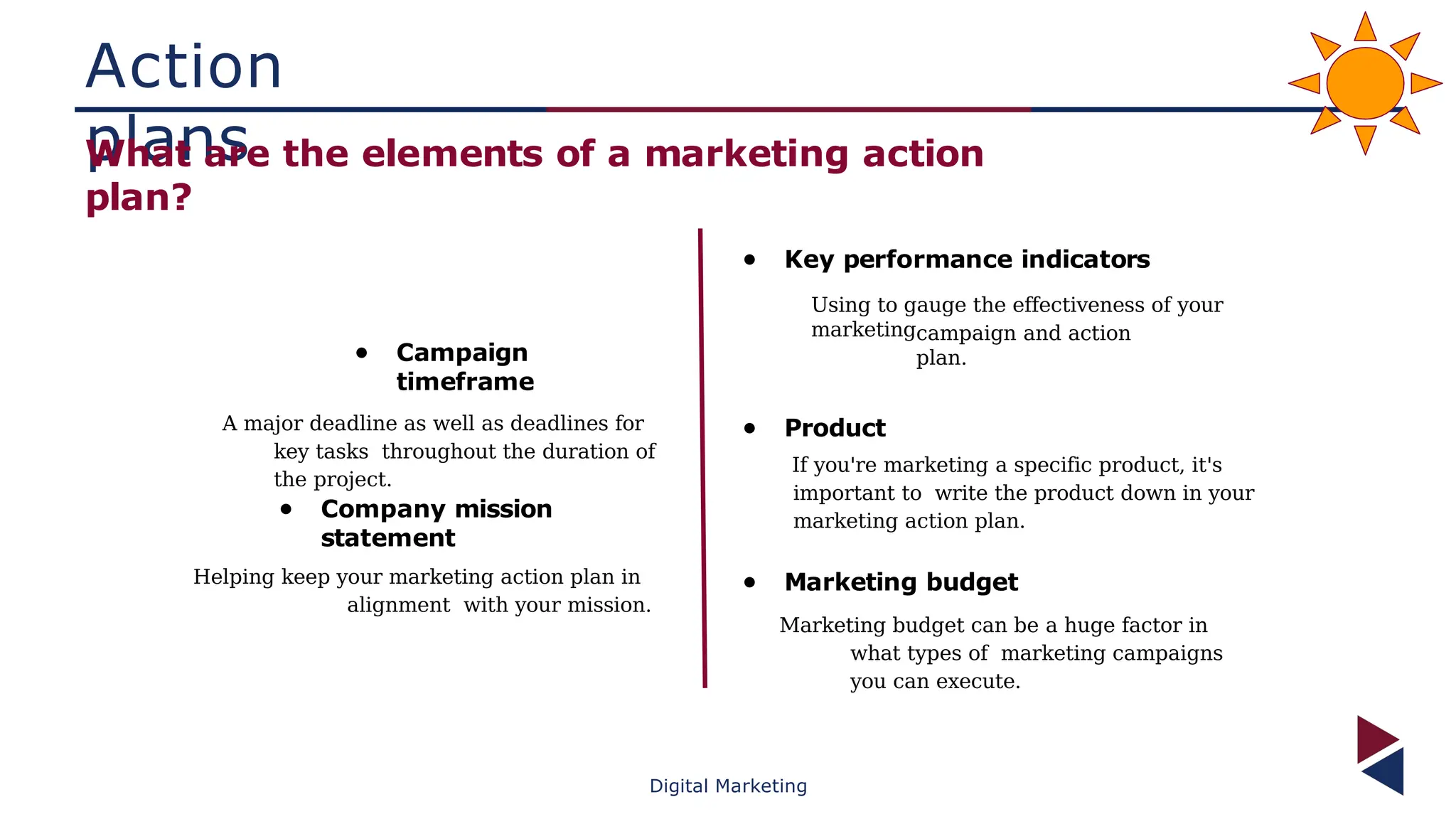 Action
plans
What are the elements of a marketing action
plan?
● Key performance indicators
Using to gauge the effectiveness of your
marketing
Digital Marketing
● Campaign
timeframe
A major deadline as well as deadlines for
key tasks throughout the duration of
the project.
● Product
If you're marketing a specific product, it's
important to write the product down in your
marketing action plan.
● Company mission
statement
Helping keep your marketing action plan in
alignment with your mission.
● Marketing budget
Marketing budget can be a huge factor in
what types of marketing campaigns
you can execute.
campaign and action
plan.
 