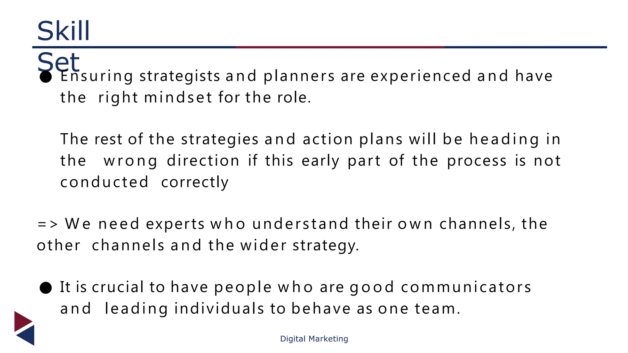 Skill
Set
Digital Marketing
● Ensuring strategists a n d planners are experienced a n d have
the right mindset for the role.
The rest of the strategies a n d action plans will be heading in
the w ro n g direction if this early part of the process is not
conducted correctly
=> W e need experts w h o understand their o w n channels, the
other channels a n d the wider strategy.
● It is crucial to have people w h o are g o o d communicators
a n d leading individuals to behave as one team.
 