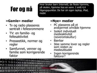 Hvor bruker barn Internett; de fleste hjemme,

   Før og nå
                      på skolen, hjemme hos en venn. I snitt 4,4
                      tilgangspunkter. De har sin egen laptop, iPad,
                      mobil.


«Gamle» medier                 «Nye» medier
• Tv og radio plasseres        • PC plasseres på et
  sentralt i fellesrommene       avskjermet område hjemme
                               • Isolert individuell
• TV: en familie- og             medieaktivitet
  fellesaktivitet                (soveromskultur)
• Presseetikk, normer og       • Bærbar
  regler                       • Ikke samme lover og regler
                                 som resten av
• Samfunnet, venner og           medieutbudet
  familie som korrigerende     • Ingen korrigerende
  faktor                         faktorer?
 