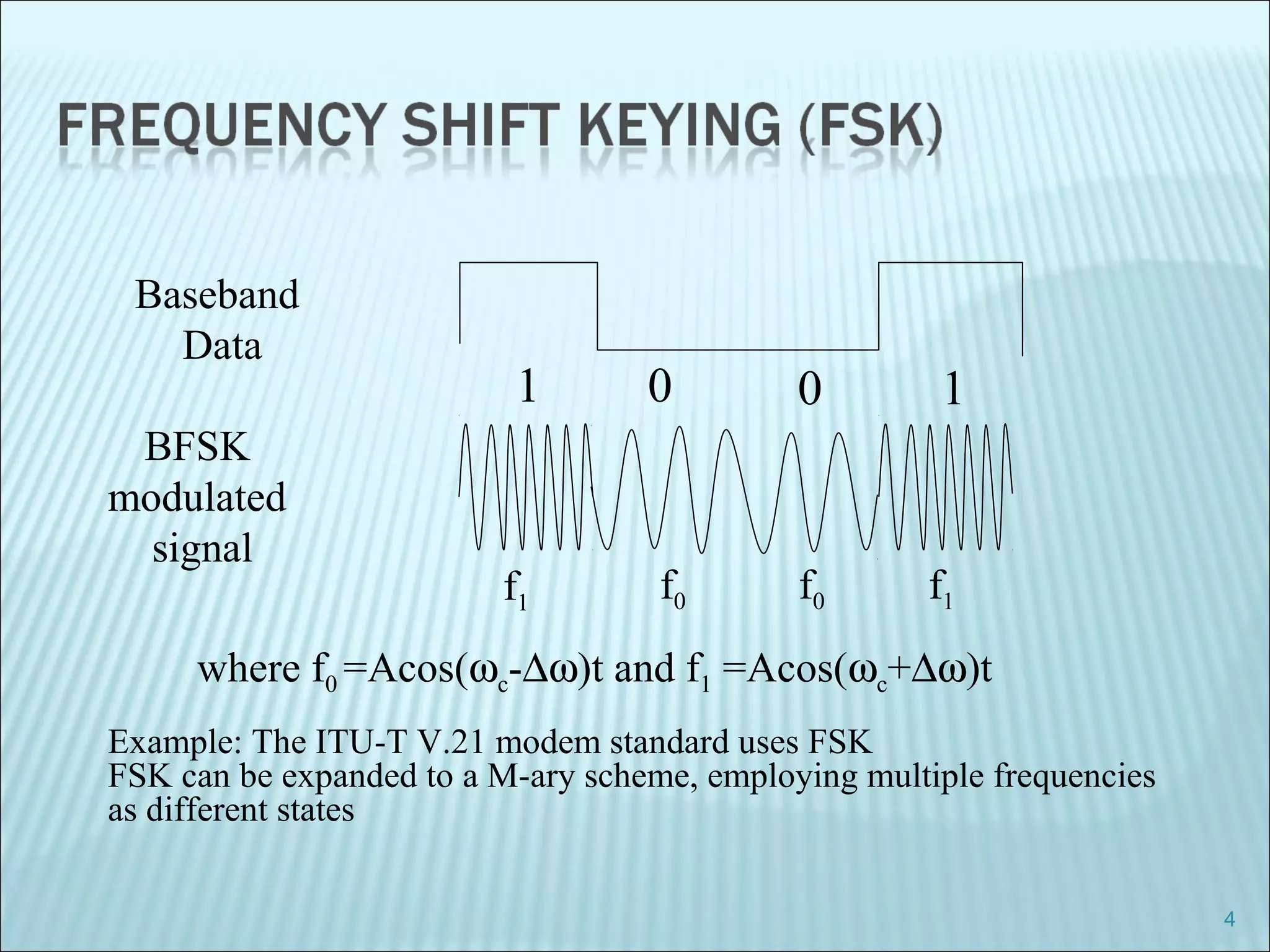 4
Example: The ITU-T V.21 modem standard uses FSK
FSK can be expanded to a M-ary scheme, employing multiple frequencies
as different states
Baseband
Data
BFSK
modulated
signal
1 10 0
where f0 =Acos(ωc-∆ω)t and f1 =Acos(ωc+∆ω)t
f0 f0f1 f1
 