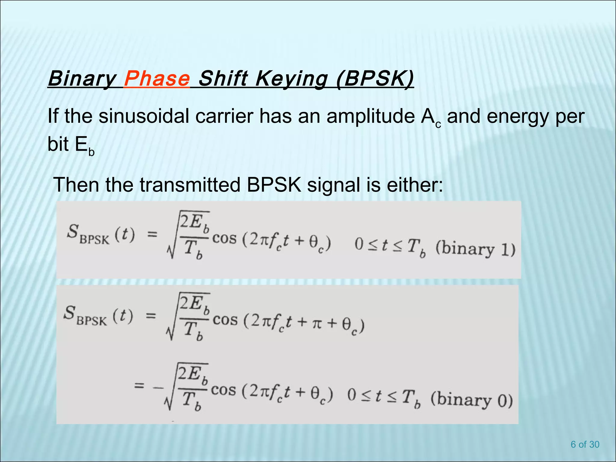 6 of 30
Binary Phase Shift Keying (BPSK)
If the sinusoidal carrier has an amplitude Ac and energy per
bit Eb
Then the transmitted BPSK signal is either:
 