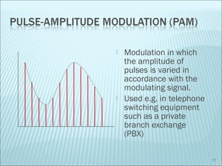  Modulation in which
the amplitude of
pulses is varied in
accordance with the
modulating signal.
 Used e.g. in telephone
switching equipment
such as a private
branch exchange
(PBX)
17
 