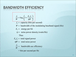 31
2log 1
capacity (bits per second)
bandwidth of the modulating baseband signal (Hz)
energy per bit
noise power density (watts/Hz)
Thus
total signal power
total noise
b b b
b
b
b b
f E f
W W
f
W
E
E f
W
η
η
η
 
= + ÷
 
=
=
=
=
=
= power
bandwidth use efficiency
= bits per second per Hz
bf
W
=
 