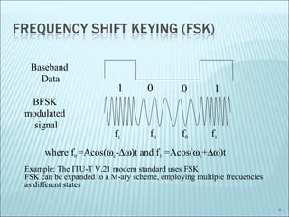 4
Example: The ITU-T V.21 modem standard uses FSK
FSK can be expanded to a M-ary scheme, employing multiple frequencies
as different states
Baseband
Data
BFSK
modulated
signal
1 10 0
where f0 =Acos(ωc-∆ω)t and f1 =Acos(ωc+∆ω)t
f0 f0f1 f1
 