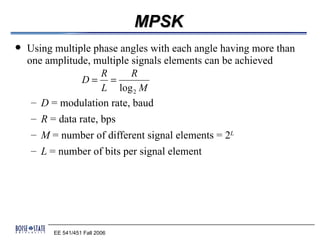 MPSK
   Using multiple phase angles with each angle having more than
    one amplitude, multiple signals elements can be achieved
                      R     R
                 D= =
                      L log 2 M
     – D = modulation rate, baud
     – R = data rate, bps
    – M = number of different signal elements = 2L
    – L = number of bits per signal element




          EE 541/451 Fall 2006
 