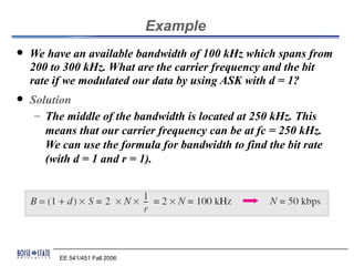 Example
   We have an available bandwidth of 100 kHz which spans from
    200 to 300 kHz. What are the carrier frequency and the bit
    rate if we modulated our data by using ASK with d = 1?
   Solution
     – The middle of the bandwidth is located at 250 kHz. This
       means that our carrier frequency can be at fc = 250 kHz.
       We can use the formula for bandwidth to find the bit rate
       (with d = 1 and r = 1).




          EE 541/451 Fall 2006
 