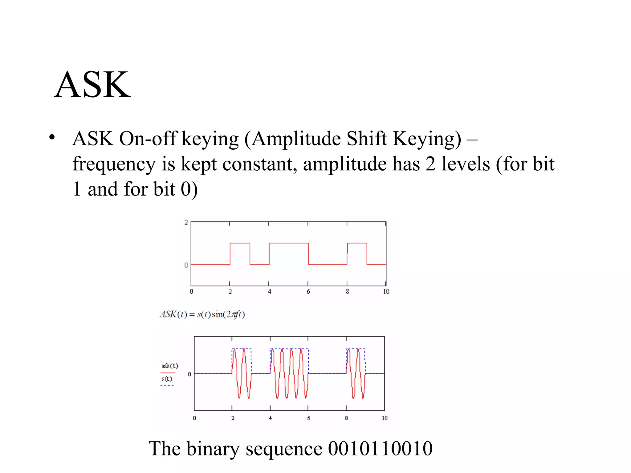 ASK
• ASK On-off keying (Amplitude Shift Keying) –
frequency is kept constant, amplitude has 2 levels (for bit
1 and for bit 0)
The binary sequence 0010110010