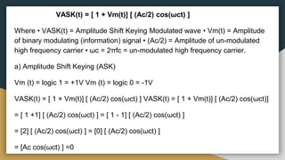 VASK(t) = [ 1 + Vm(t)] [ (Ac/2) cos(ωct) ]
Where • VASK(t) = Amplitude Shift Keying Modulated wave • Vm(t) = Amplitude
of binary modulating (information) signal • (Ac/2) = Amplitude of un-modulated
high frequency carrier • ωc = 2πfc = un-modulated high frequency carrier.
a) Amplitude Shift Keying (ASK)
Vm (t) = logic 1 = +1V Vm (t) = logic 0 = -1V
VASK(t) = [ 1 + Vm(t)] [ (Ac/2) cos(ωct) ] VASK(t) = [ 1 + Vm(t)] [ (Ac/2) cos(ωct)]
= [ 1 +1] [ (Ac/2) cos(ωct) ] = [ 1 - 1] [ (Ac/2) cos(ωct) ]
= [2] [ (Ac/2) cos(ωct) ] = [0] [ (Ac/2) cos(ωct) ]
= [Ac cos(ωct) ] =0
 