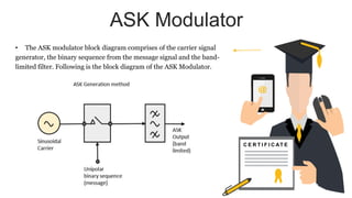 ASK Modulator
C E R T I F I C AT E
• The ASK modulator block diagram comprises of the carrier signal
generator, the binary sequence from the message signal and the band-
limited filter. Following is the block diagram of the ASK Modulator.
 