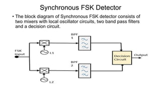 Synchronous FSK Detector
• The block diagram of Synchronous FSK detector consists of
two mixers with local oscillator circuits, two band pass filters
and a decision circuit.
 