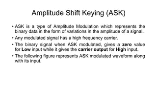 Amplitude Shift Keying (ASK)
• ASK is a type of Amplitude Modulation which represents the
binary data in the form of variations in the amplitude of a signal.
• Any modulated signal has a high frequency carrier.
• The binary signal when ASK modulated, gives a zero value
for Low input while it gives the carrier output for High input.
• The following figure represents ASK modulated waveform along
with its input.
 