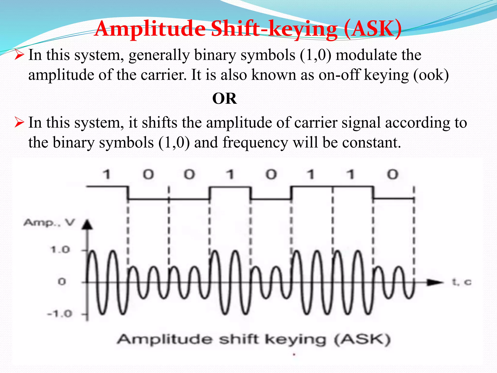  In this system, generally binary symbols (1,0) modulate the
amplitude of the carrier. It is also known as on-off keying (ook)
OR
 In this system, it shifts the amplitude of carrier signal according to
the binary symbols (1,0) and frequency will be constant.
Amplitude Shift-keying (ASK)
 