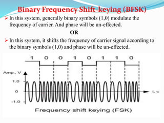  In this system, generally binary symbols (1,0) modulate the
frequency of carrier. And phase will be un-effected.
OR
 In this system, it shifts the frequency of carrier signal according to
the binary symbols (1,0) and phase will be un-effected.
Binary Frequency Shift-keying (BFSK)
 