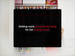 Being faster
Being smarter
Making it all happen
What is Mom ﬁcԳ?
Getting more productivity bang
for her energy buck.
 