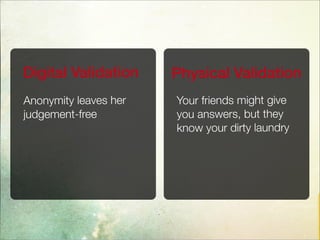 Digital Validation
Anonymity leaves her
judgement-free
Physical Validation
Your friends might give
you answers, but they
know your dirty laundry
 