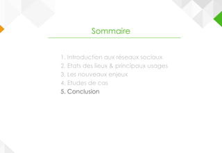 1. Introduction aux réseaux sociaux
2. Etats des lieux & principaux usages
3. Les nouveaux enjeux
4. Etudes de cas
5. Conclusion
Sommaire
 
