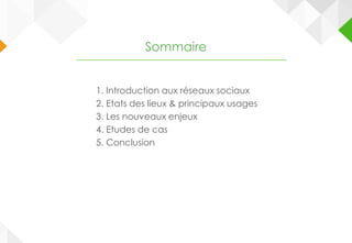 1. Introduction aux réseaux sociaux
2. Etats des lieux & principaux usages
3. Les nouveaux enjeux
4. Etudes de cas
5. Conclusion
Sommaire
 
