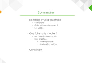 • Le mobile : vue d’ensemble
• Le marché
• Qui sont les mobinautes ?
• Les usages
• Que faire sur le mobile ?
• Les Questions à se poser
• Best practices
• Site Responsive
• Application Native
• Conclusion
Sommaire
 