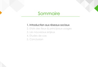 1. Introduction aux réseaux sociaux
2. Etats des lieux & principaux usages
3. Les nouveaux enjeux
4. Etudes de cas
5. Conclusion
Sommaire
 