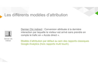 Les différents modèles d’attribution 
Dernier Clic indirect : Conversion attribuée à la dernière 
interaction par laquelle le visiteur est arrivé sans prendre en 
compte le trafic en « Accès direct ». 
Modèle d’attribution par défaut au sein des rapports classiques 
Google Analytics (hors rapports multi touch). 
Dernier clic 
indirect 
 