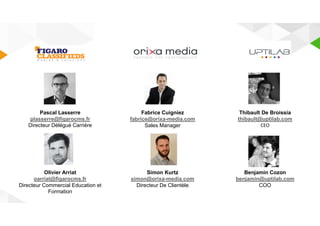 Pascal Lasserre 
plasserre@figarocms.fr 
Directeur Délégué Carrière 
Fabrice Cuigniez 
fabrice@orixa-media.com 
Sales Manager 
Thibault De Broissia 
thibault@uptilab.com 
CEO 
Olivier Arriat 
oarriat@figarocms.fr 
Directeur Commercial Education et 
Formation 
Simon Kurtz 
simon@orixa-media.com 
Directeur De Clientèle 
Benjamin Cozon 
benjamin@uptilab.com 
COO 
