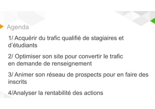 Agenda 
1/ Acquérir du trafic qualifié de stagiaires et 
d’étudiants 
2/ Optimiser son site pour convertir le trafic 
en demande de renseignement 
3/ Animer son réseau de prospects pour en faire des 
inscrits 
4/Analyser la rentabilité des actions 
 