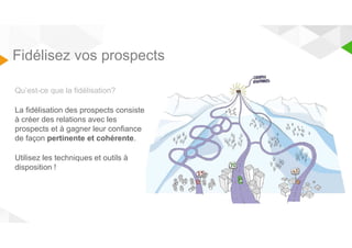 Fidélisez vos prospects 
Qu’est-ce que la fidélisation? 
La fidélisation des prospects consiste 
à créer des relations avec les 
prospects et à gagner leur confiance 
de façon pertinente et cohérente. 
Utilisez les techniques et outils à 
disposition ! 
 