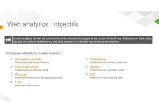 Web analytics : objectifs 
Le web analytics permet de comprendre et de mesurer les usages et les comportements des utilisateurs en ligne, dans 
l’objectif de suivre la performance des sites internet et d’identifier des leviers d’optimisation. 
1. Acquisition de trafic 
Performance des leviers marketing 
2. User Expérience 
Performance des parcours clients 
3. Produits 
Performance des produits et catalogues produits 
4. Edito 
Performance du contenu 
5. Fidélisation 
Performance du marketing relationnel 
6. Mobile 
Performance de la stratégie mobile 
7. DSI 
Performance technique des sites 
Principales utilisations du web analytics : 
 