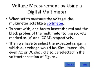 Voltage Measurement by Using a
Digital Multimeter
• When set to measure the voltage, the
multimeter acts like a voltmeter.
• To start with, one has to insert the red and the
black probes of the multimeter to the sockets
marked as ‘V’ and ‘COM’, respectively.
• Then we have to select the expected range in
which our voltage would be. Simultaneously,
even AC or DC should also be selected in the
voltmeter section of Figure .
Diagram Next
 