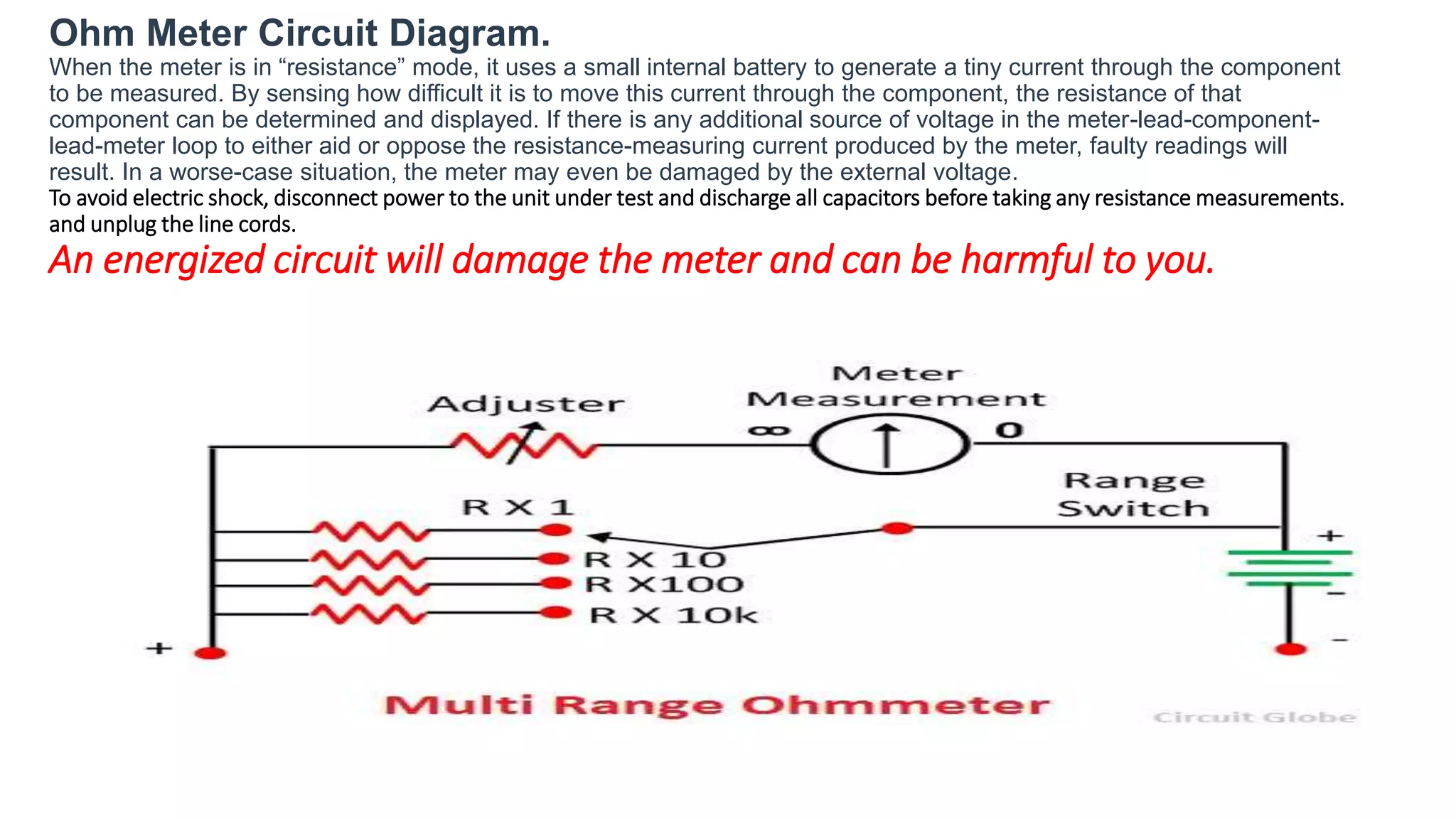 Ohm Meter Circuit Diagram.
When the meter is in “resistance” mode, it uses a small internal battery to generate a tiny current through the component
to be measured. By sensing how difficult it is to move this current through the component, the resistance of that
component can be determined and displayed. If there is any additional source of voltage in the meter-lead-component-
lead-meter loop to either aid or oppose the resistance-measuring current produced by the meter, faulty readings will
result. In a worse-case situation, the meter may even be damaged by the external voltage.
To avoid electric shock, disconnect power to the unit under test and discharge all capacitors before taking any resistance measurements.
and unplug the line cords.
An energized circuit will damage the meter and can be harmful to you.
 