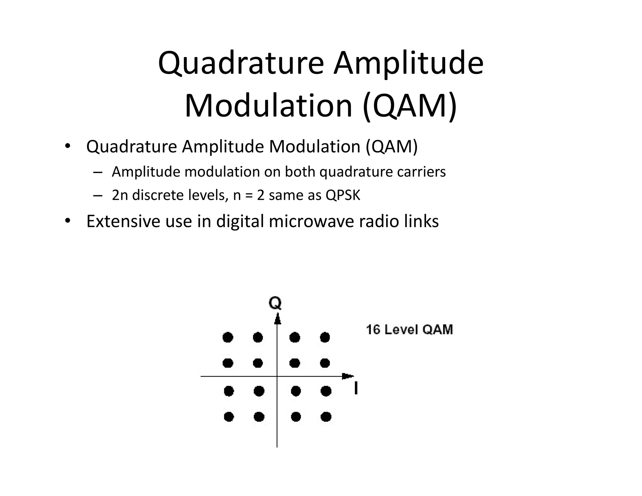 Quadrature Amplitude
Modulation (QAM)
• Quadrature Amplitude Modulation (QAM)
– Amplitude modulation on both quadrature carriers
– 2n discrete levels, n = 2 same as QPSK
• Extensive use in digital microwave radio links
 
