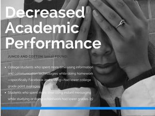 Decreased
Academic
Performance
College students who spent more time using information
and communication technologies while doing homework
—specifically Facebook and texting—had lower college
grade point averages.
Students who spent more time using instant messaging
while studying or doing schoolwork had lower grades. [5]
JUNCO AND COTTON (2012) FOUND:
 