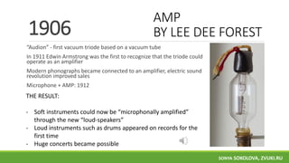 AMP
BY LEE DEE FOREST
“Audion” - first vacuum triode based on a vacuum tube
In 1911 Edwin Armstrong was the first to recognize that the triode could
operate as an amplifier
Modern phonographs became connected to an amplifier, electric sound
revolution improved sales
Microphone + AMP: 1912
1906
THE RESULT:
- Soft instruments could now be “microphonally amplified”
through the new “loud-speakers”
- Loud instruments such as drums appeared on records for the
first time
- Huge concerts became possible
SONYA SOKOLOVA, ZVUKI.RU
 