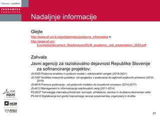 Nadaljnje informacije
Glejte
http://www.ef.uni-lj.si/podiplomsko/poslovna_informatika in
http://www.ef.uni-
lj.si/media/document_files/brosure/ISLM_academic_unit_presentation_2020.pdf
Zahvala
Javni agenciji za raziskovalno dejavnost Republike Slovenije
za sofinanciranje projektov:
J5-9329 Poslovna analitika in poslovni modeli v oskrbovalnih verigah (2018-2021)
J5-7287 Analitika masovnih podatkov: od vpogledov v poslovanje do agilnosti poslovnih procesov (2016-
2018)
J5-6816 Prenova poslovanja - od poslovnih modelov do inovativnih procesov (2014-2017)
J5-4012 Management in informatizacija oskrbovalnih verig (2011-2014)
P2-0037 Tehnologije interneta prihodnosti: koncepti, arhitekture, storitve in družbeno-ekonomski vidiki
P5-0410 Digitalizacija kot gonilo trajnostnega razvoja posameznika, organizacij in družbe
23
 