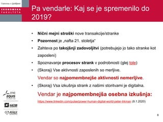 Pa vendarle: Kaj se je spremenilo do
2019?
• Nični mejni stroški nove transakcije/stranke
• Pozornost je „nafta 21. stoletja“
• Zahteva po takojšnji zadovoljitvi (potrebujejo jo tako stranke kot
zaposleni)
• Spoznavanje procesov strank v podrobnosti (glej tole)
• (Skoraj) Vse aktivnosti zaposlenih so merljive.
Vendar so najpomembnejše aktivnosti nemerljive.
• (Skoraj) Vsa izkušnja strank z našimi storitvami je digitalna.
Vendar je najpomembnejša osebna izkušnja:
https://www.linkedin.com/pulse/power-human-digital-world-peter-trkman (8.1.2020)
8
 