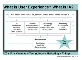 What is User Experience? What is IA?
      UX: How it feels, looks, fits, sounds, tastes. How it works. What it is.



          IA              Creative          Technology           Marketing
      Wireframes       Branding/Design        Backend           Social media
       Personas        Content strategy   Presentation layer       Email
       Userflows        Look and feel       Moving parts         SEO/PPC
     Deep structure



                                  Requirements
                                                                         Your
                                   Facilitation                          Site
                                    Analysis
                                  Documentation


UX + IA + Creative + Technology + Marketing = Things.
                                                               twitter.com/lauriekalmanson | page 1 of 31
 