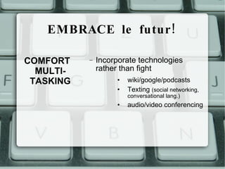 EMBRACE le futur! Incorporate technologies rather than fight wiki/google/podcasts Texting (social networking, conversational lang.) audio/video conferencing COMFORT MULTI- TASKING