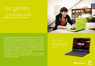 Les gamers
 « Je suis un adepte des jeux
vidéo hors ou en réseau »




Plus largement masculins, lycéens habitant chez leurs parents
et âgés de 15 à 19 ans, ils apprécient plus que la moyenne le PC
fixe (bien que prioritairement sur PC portable) avec un usage         Son PC idéal
donc plus sédentaire. Ils y sont plus attachés que la moyenne         Pour dominer ses adversaires cap sur le
(écart de 10 points par rapport à la moyenne) et sont attentifs       G74X d’Asus, qui allie puissance, image
                                                                      haute définition, design et ergonomie.
à sa carte graphique,  tout en étant les plus exigeants avec leur
PC mais les moins regardants sur son prix (écart de 6 points)…        Prix de vente conseillé : 1299 €

Leurs parents participent sans doute à une adoption supérieure
de l’ultrabook sur cette cible avec 19% déjà.
Les scolaires, cloud users, social fans et shoppeurs sont davantage
en proportion versus l’ensemble à utiliser « le plus souvent »
un ordinateur portable.
 