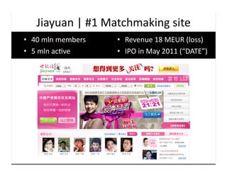 Jiayuan	
  |	
  #1	
  Matchmaking	
  site	
  
•  40	
  mln	
  members	
  	
     •  Revenue	
  18	
  MEUR	
  (loss)	
  
•  5	
  mln	
  ac9ve	
            •  IPO	
  in	
  May	
  2011	
  (“DATE”)	
  
 