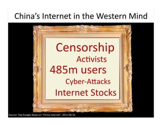 China’s	
  Internet	
  in	
  the	
  Western	
  Mind	
  


                                                        Censorship	
  
                                                                                   Ac9vists	
  
                                                485m	
  users	
  
                                                                   Cyber-­‐AZacks	
  
                                                       Internet	
  Stocks	
  
Source:	
  Top	
  Google	
  News	
  on	
  “China	
  Internet”,	
  2011.08.16	
  
 