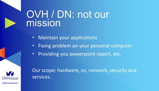 #OVHcloudSummit
OVH / DN: not our
mission
• Maintain your applications
• Fixing problem on your personal computer
• Providing you powerpoint report, etc.
Our scope: hardware, os, network, security and
services.
 