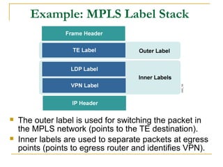Example: MPLS Label Stack
 The outer label is used for switching the packet in
the MPLS network (points to the TE destination).
 Inner labels are used to separate packets at egress
points (points to egress router and identifies VPN).
 