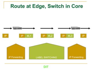 DIT
Route at Edge, Switch in Core
IP ForwardingLABEL SWITCHINGIP Forwarding
IP IP #L1 IP #L2 IP #L3 IP
 