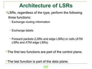 DIT
Architecture of LSRs
LSRs, regardless of the type, perform the following
three functions:
 Exchange routing information
 Exchange labels
 Forward packets (LSRs and edge LSRs) or cells (ATM
LSRs and ATM edge LSRs)
The first two functions are part of the control plane.
The last function is part of the data plane.
 