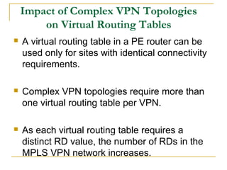 Impact of Complex VPN Topologies
on Virtual Routing Tables
 A virtual routing table in a PE router can be
used only for sites with identical connectivity
requirements.
 Complex VPN topologies require more than
one virtual routing table per VPN.
 As each virtual routing table requires a
distinct RD value, the number of RDs in the
MPLS VPN network increases.
 